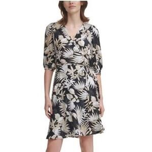 Calvin Klein Faux Wrap Dress Womens Plus Size 14 Leaf Print Vacation Officecore